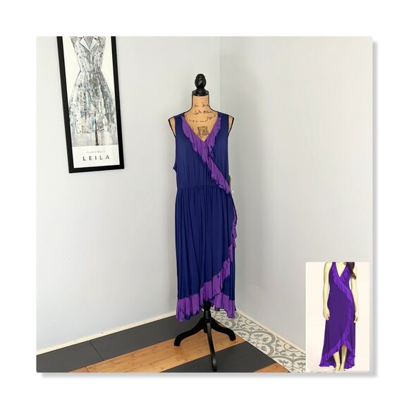 One World Clothing Navy & Purple Ruffled Faux Wrap Dress Sz 2X NWT - Picture 1 of 9